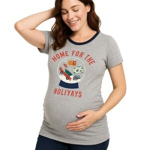 Old Navy‎ Maternity Large Pullover Grey Navy Ruched Holiday Graphic Festive Cozy